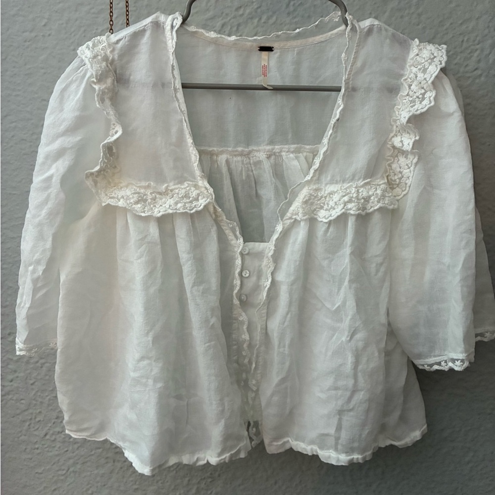 Free People Elegant White Lace Trim Blouse Size M
